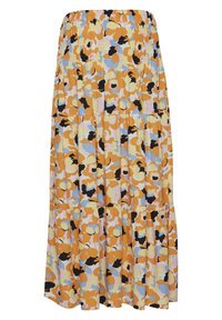 Florale maxi rok met een smocktail. Gemaakt van lichtgewicht stof met oranje, gele, zwarte en blauwe bloemenpatronen. Gelaagd ontwerp.