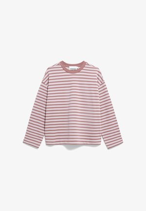 Camisa de manga larga a rayas en suave rosa y blanco, con un escote redondo y un corte relajado con hombros caídos. Material de algodón.