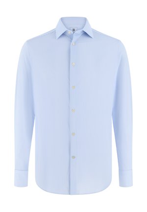 Hemelsblauw overhemd met lichte verticale strepen, kraag en lange mouwen. Voorzien van zes knopen en een rechte zoom.