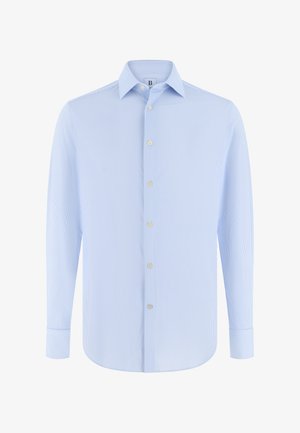 Nebesky modrá košile na knoflíky s jemnými vertikálními pruhy, límečkem a dlouhými rukávy. Má šest knoflíků a rovný spodní lem.