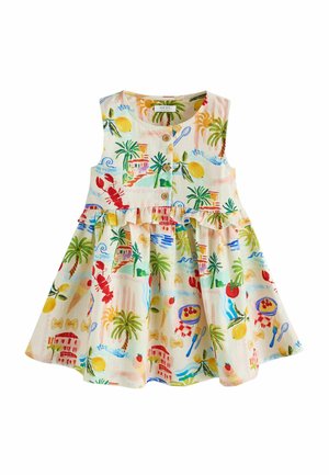 Bezrekawowa sukienka dziecięca z drewnianymi guzikami, kolorowy nadruk o tematyce tropikalnej i jedzeniowej, w tym homary, palmy, cytryny i miski z makaronem.