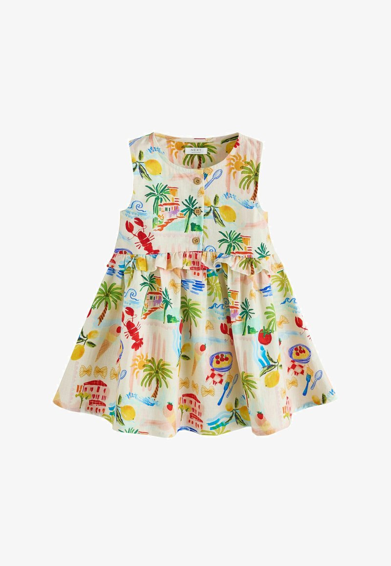 Robe sans manches pour enfants avec boutons en bois, imprimé coloré sur le thème tropical et alimentaire comprenant des homards, des palmiers, des citrons et des bols de pâtes.