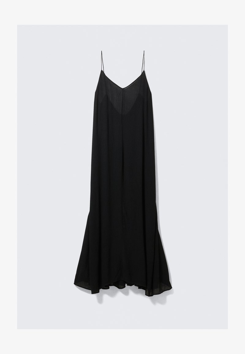 Schwarzes ärmelloses Kleid mit V-Ausschnitt, fließender Silhouette und weichem, leichtem Stoff, der elegant bis zur Mitte der Wade fällt.