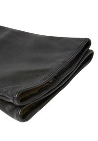 Sorte læderhandsker med en glat tekstur, foldet med synlige sømme og en blød indvendig foring. Har et enkelt, strømlinet design.