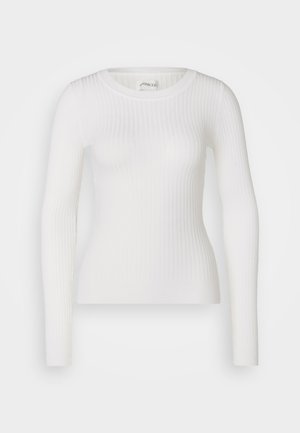 Hvitt langermet ribbestrikket topp med rund hals. Stoffet er glatt, med en subtil tekstur og en tettsittende design. Ingen synlig maskinvare eller mønstre.