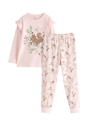 Light pink long-sleeve top with ruffles and a squirrel floral print, paired with matching pants covered in smaller squirrel and flower patterns.
