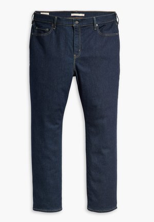 Dark blue denim jeans with a straight leg design, featuring contrasting yellow stitching, two front pockets, and a button fly closure.