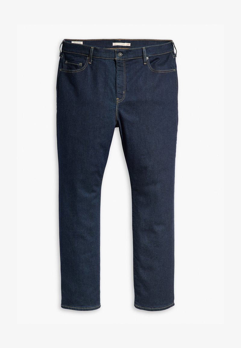Tumed sinine denim teksad otse jala disainiga, millel on kontrastne kollane õmblus, kaks eesmist taskut ja nööpidega sulgemine.
