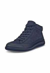 Niebieskie wysokie sneakersy wykonane z zamszu i gumy, z teksturowaną podeszwą, okrągłym noskiem oraz tradycyjnym wiązaniem.