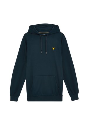 Marinblå hoodie, bomullsblandning, dragsko i huvan, kenguruficka, ribbade mudd och nederkant, med en liten gul örnlogotyp.