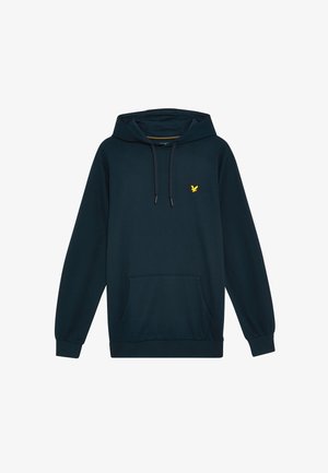 Marinblå hoodie, bomullsblandning, dragsko i huvan, kenguruficka, ribbade mudd och nederkant, med en liten gul örnlogotyp.