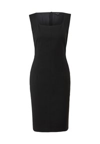 Robe noire ajustée avec un décolleté carré, sans manches, jupe longueur genou et détails de couture apparents, réalisée en tissu lisse.