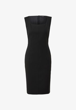 Musta, vartalonmyötäinen mekko, jossa on neliömäinen pääntie, hihaton malli, polvenpituinen helma ja näkyvät ompeluyksityiskohdat, valmistettu sileästä kankaasta.