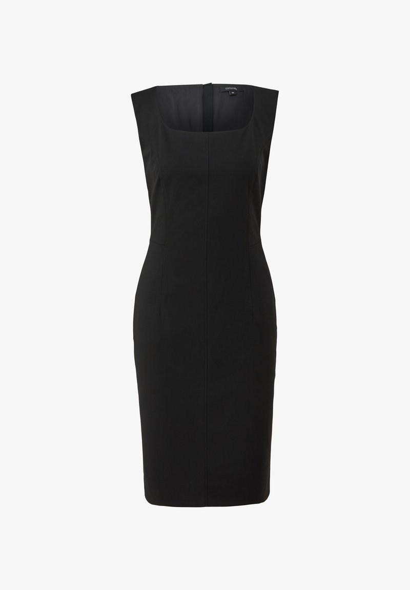 Robe noire ajustée avec un décolleté carré, sans manches, jupe longueur genou et détails de couture apparents, réalisée en tissu lisse.