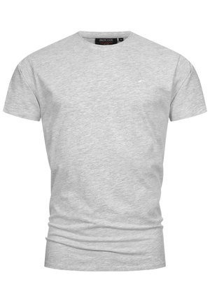 Gray short-sleeve T-shirt made of soft cotton fabric. Features a round neckline and a small logo accent on the chest. Smooth texture.