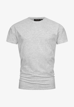 Gray short-sleeve T-shirt made of soft cotton fabric. Features a round neckline and a small logo accent on the chest. Smooth texture.
