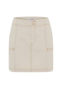 Beige Denimrock mit zwei Fronttaschen, zwei-Knopf-Verschluss und kontrastierenden orangen Nähten. Gerade geschnitten, knielange Design.