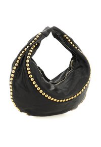 Borsa hobo in pelle nera con borchie rotonde di color oro che delineano la sua forma curva e una tasca con zip visibile su un lato.