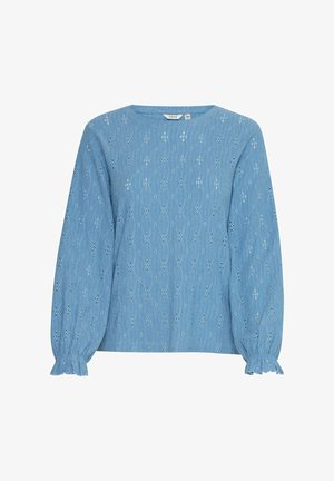 Himmelbluse aus Baumwolle mit langen, gepufften Ärmeln, rundem Ausschnitt und gestickten Durchbrochmustern. Geraffte Manschetten an den Ärmeln.