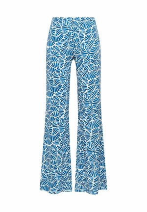 Pantalon taille haute à jambes larges avec motif abstrait en forme d'éventail bleu et blanc, devant plat, sans poches ni fermetures visibles.