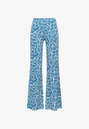 Pantaloni a vita alta e gamba larga con motivo astratto a forma di ventaglio blu e bianco, davanti piatto, senza tasche o chiusure visibili.