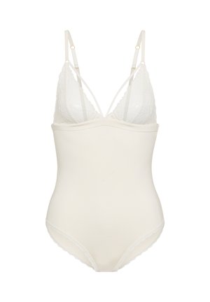 Ivory bodysuit with lace cups, adjustable straps, and low-cut legs with delicate lace trim, designed for a fitted silhouette.