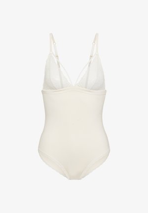 Ivory bodysuit with lace cups, adjustable straps, and low-cut legs with delicate lace trim, designed for a fitted silhouette.