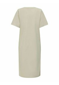 Robe beige manches courtes, longueur genou, col rond, présentée de dos sur fond blanc.