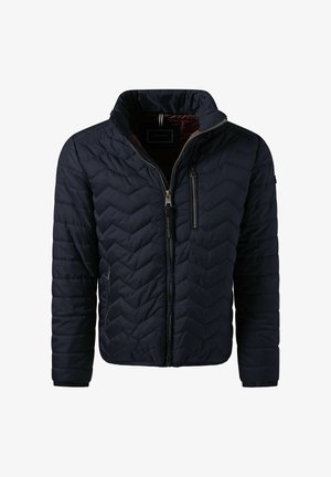 Marineblauwe gewatteerde jas met hoge kraag, voorrits en ritssluitingen in de zakken. Kenmerkt zich door een chevronpatroon en elastische manchetten. Lichtgewicht stof.