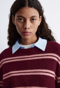 Bordeauxfarbener Pullover mit pinken Streifen, gestrickte Textur. Über einem hellblauen Hemd mit Kragen getragen. Schlichter Hintergrund, Fokus auf die Einzelheiten des Kleidungsstücks.