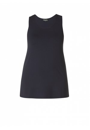 Marine blauwe mouwloze tanktop, gemaakt van zachte stof. Heeft een ronde halslijn en een relaxte pasvorm zonder zichtbare versieringen.