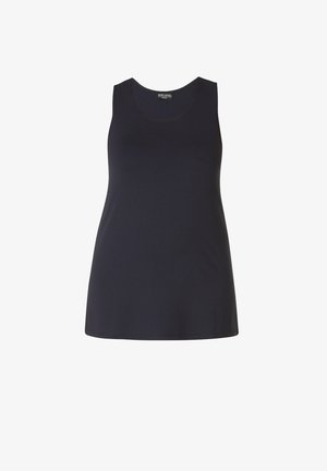 Marinefarbener ärmelloser Tank-Top, aus weichem Stoff gefertigt. Mit einem runden Ausschnitt und einem lässigen Schnitt, ohne sichtbare Verzierungen.