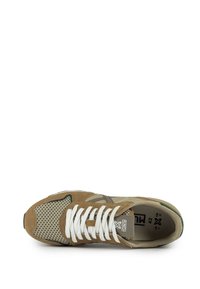 Brown and beige athletic shoe with mesh and suede materials, white laces, and green accents. Rubber sole, rounded toe, and cushioned interior.