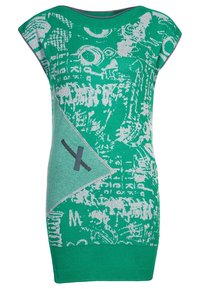 Green knitted dress featuring abstract white patterns, wide neckline, short sleeves, and a diagonal textured accent.