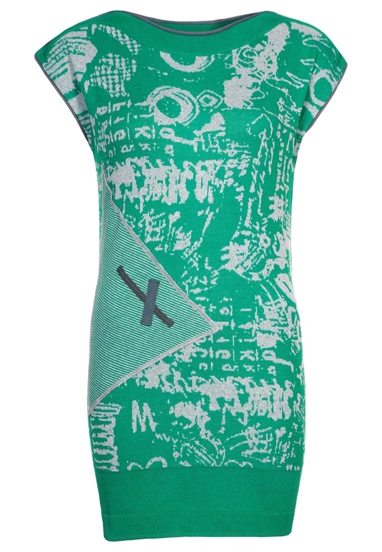 Green knitted dress featuring abstract white patterns, wide neckline, short sleeves, and a diagonal textured accent.