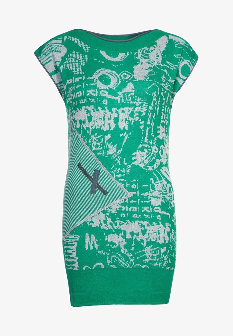 Green knitted dress featuring abstract white patterns, wide neckline, short sleeves, and a diagonal textured accent.