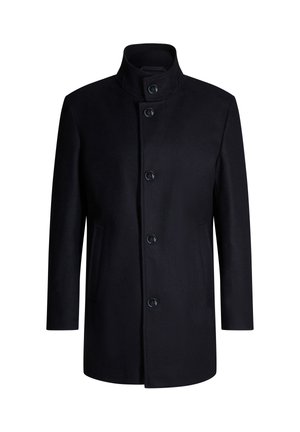 Cappotto in misto lana blu scuro con colletto alto, chiusura frontale con bottoni e due tasche laterali. Texture liscia con linee pulite e silhouette sartoriale.