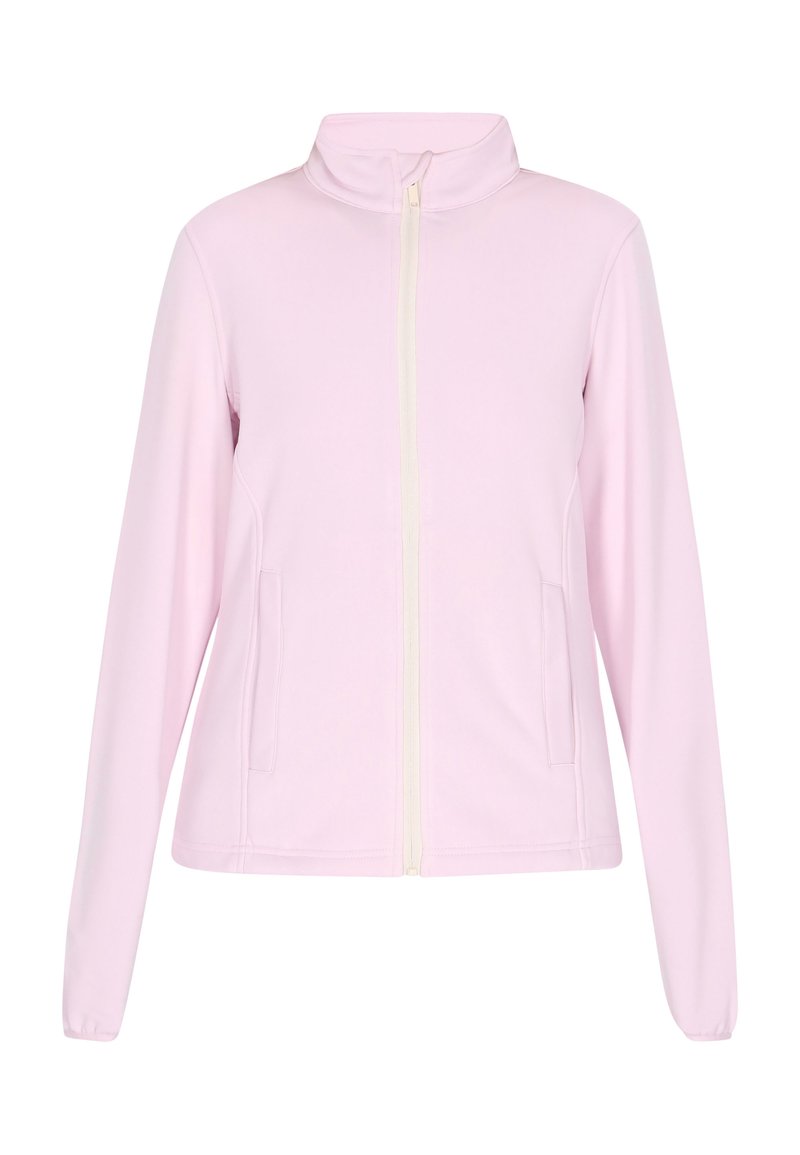Giacca zip-up rosa chiaro con colletto alto, maniche lunghe e due tasche laterali. Realizzata in un tessuto morbido e flessibile con un design essenziale.