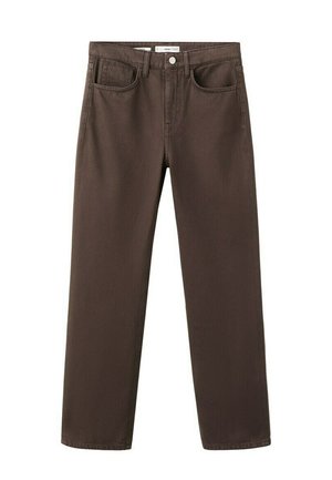 Braune Jeans aus Denim mit geradem Bein, vorderen Taschen, Gürtelschlaufen und einer Knopfverschluss am Bund.