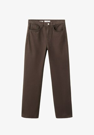 Braune Jeans aus Denim mit geradem Bein, vorderen Taschen, Gürtelschlaufen und einer Knopfverschluss am Bund.