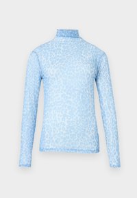 Γαλάζιο μακρυμάνικο τοπ με ψηλό γιακά, διακοσμημένο με σχέδιο λεοπάρ. Κατασκευασμένο από υφή ύφασμα με λείο φινίρισμα.