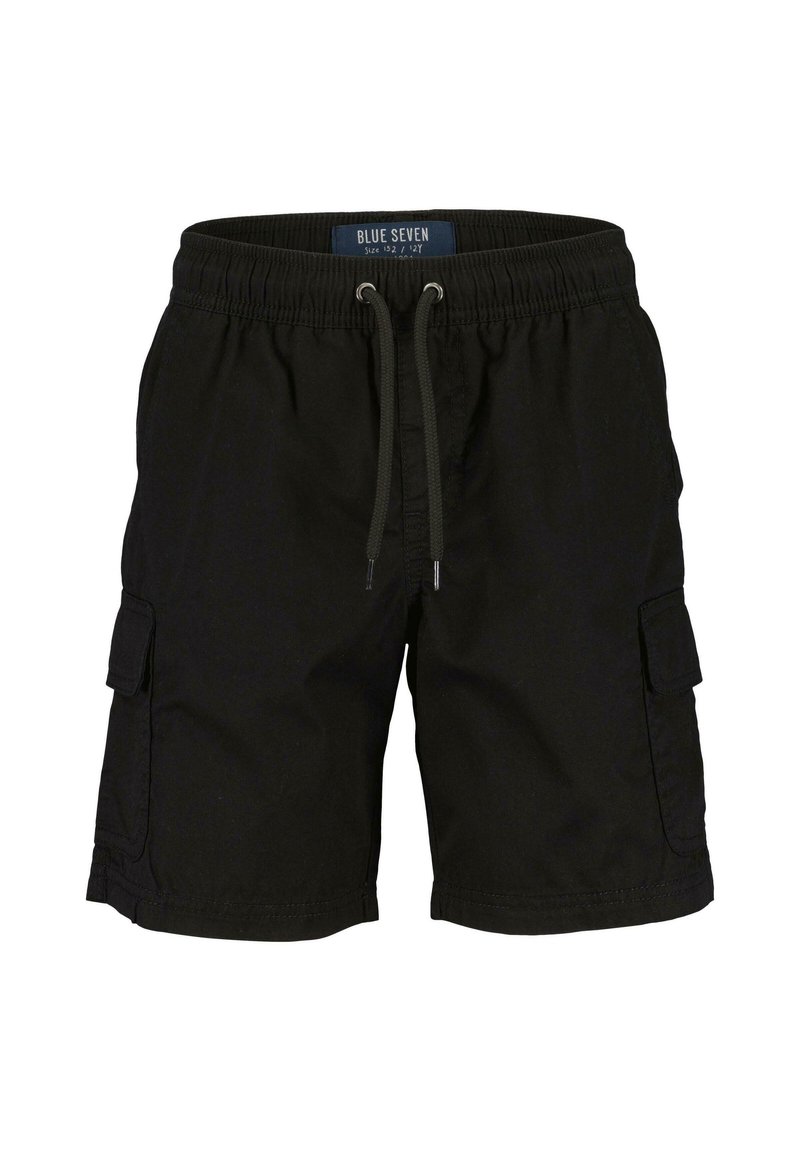 Pantaloni cargo neri con vita elastica, coulisse e tasche laterali. Realizzati in tessuto morbido, presentano un design casual per il massimo comfort.
