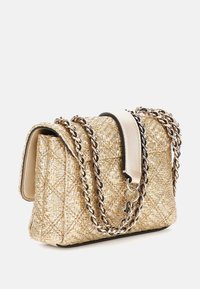 Woven golden handbag with a structured shape, featuring a cream leather strap and chain detailing. Textured surface with diamond pattern accents.
