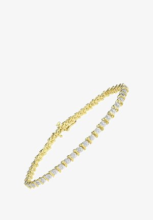 Kuldne käevõru, millel on lingitud disain ja ümmargused selged kivid, kinnitub lõksuklõpsuga. Sile tekstuur koos läikivate detailidega.