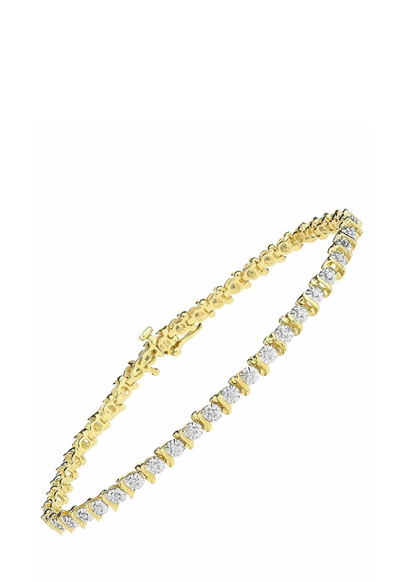 Auksinis apyrankė su susijungimų dizainu, puošta apvaliais skaidriais akmenimis, užsegama krabų užsegimu. Lygi tekstūra su blizgiais akcentais.