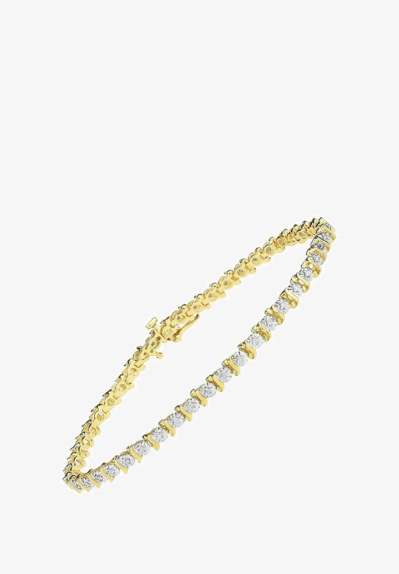 Auksinis apyrankė su susijungimų dizainu, puošta apvaliais skaidriais akmenimis, užsegama krabų užsegimu. Lygi tekstūra su blizgiais akcentais.