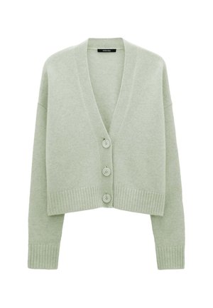 Hellgrüne, kurz geschnittene Strickjacke aus weichem Material mit tiefem V-Ausschnitt, gerippten Bündchen und vier passenden Knöpfen an der Vorderseite.