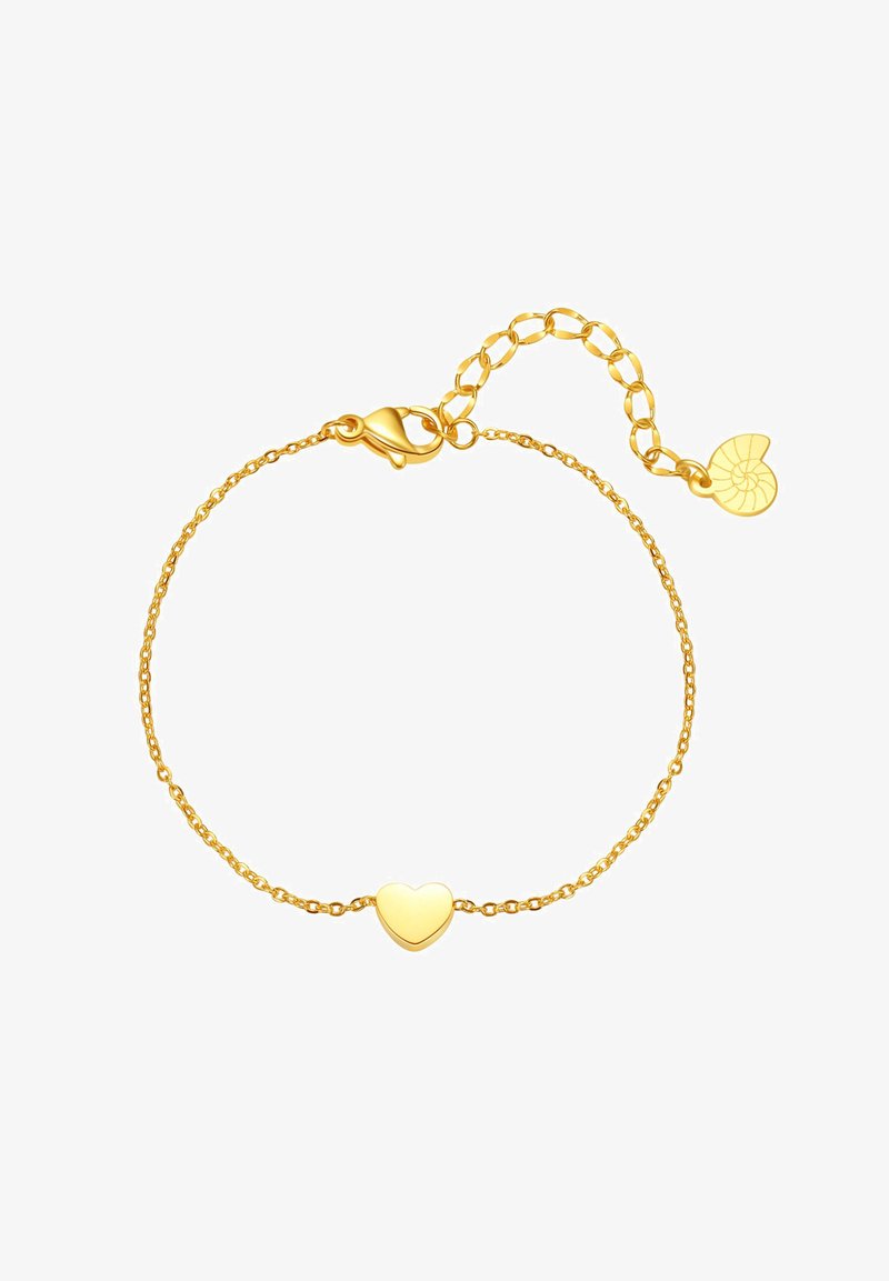 Pulsera de tono dorado con un colgante en forma de corazón. Cuenta con una fina cadena y un cierre de langosta. Longitud ajustable con un eslabón de cadena adicional.