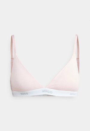Driekhoek bralette in lichtroze met verstelbare banden en een witte elastische band met het "HUGO"-logo. Soepele textuur, minimalistisch ontwerp.