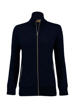 Marineblaue Zip-Jacke mit hohem Kragen, langen Ärmeln und zwei seitlichen Reißverschlusstaschen. Glatte Textur und taillierter Schnitt, mit silberfarbenem Reißverschluss.